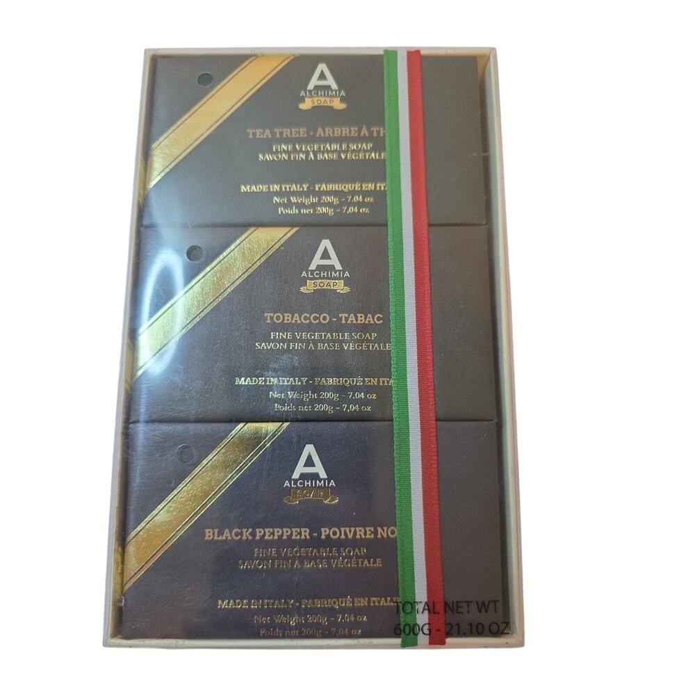 Alchimia Soap 3 Bars Fine Vegetable Tea Tree Tobacco Black Pepper 200 Grams Each